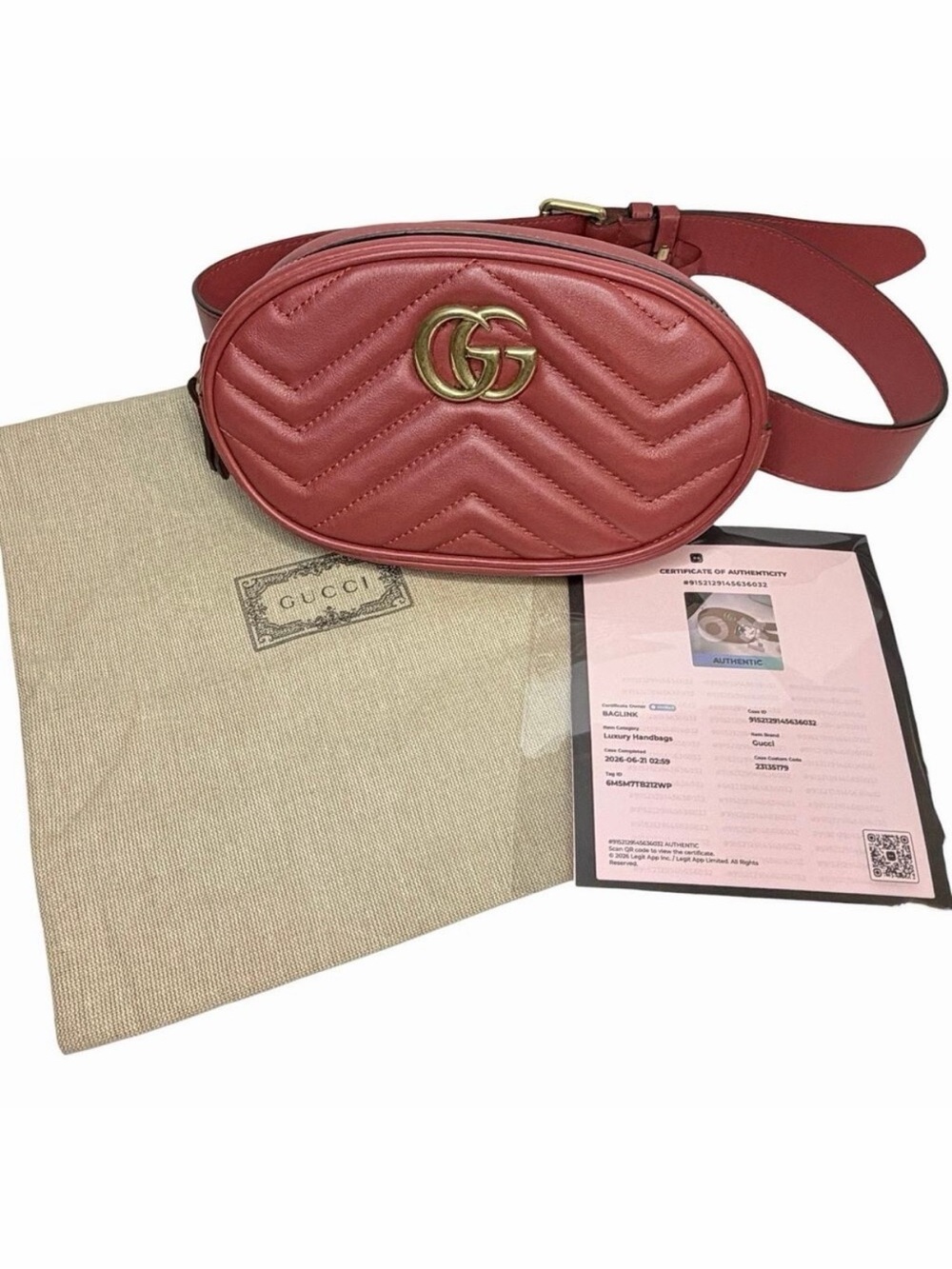 Gucci GG Marmont Red Matelassé Leather Waist Belt Bag Fanny Pack 85/34 w/ COA